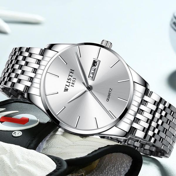

wlisth men watch 2020 stainless steel slim waterproof clock fashion analog week calendar quartz business male watch, Slivery;brown