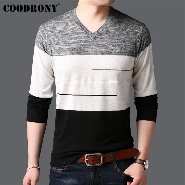 

coodrony mens sweaters 2019 new arrival cashmere cotton sweater men knitwear pull homme casual striped v-neck pullover men 91005, White;black