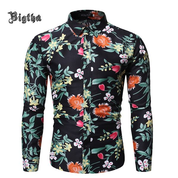 

new spring men casual shirts fashion long sleeve brand printed button-up formal business polka dot floral men floral shir, White;black