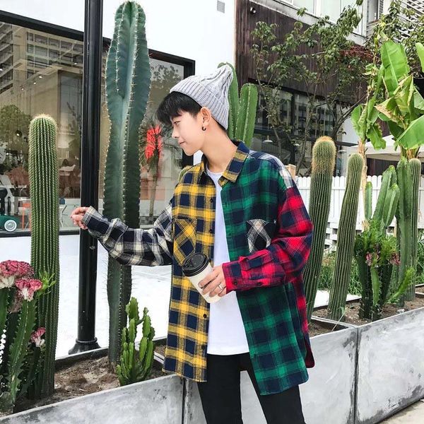 

luxury mens designer shirt fashion tide wild casual shirt outdoor sports street hip hop autumn winter coat contrast color block clothes, White;black