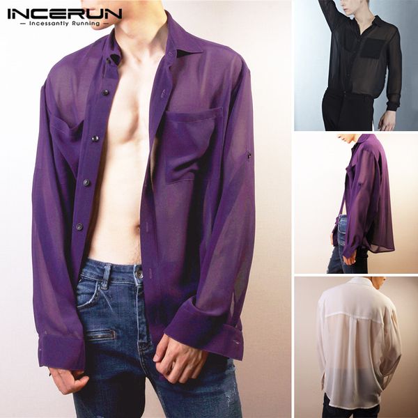 

men's casual shirts incerun men see through long sleeve lapel shirt man mesh button up thin blouse breathable party nightclub 5xl, White;black