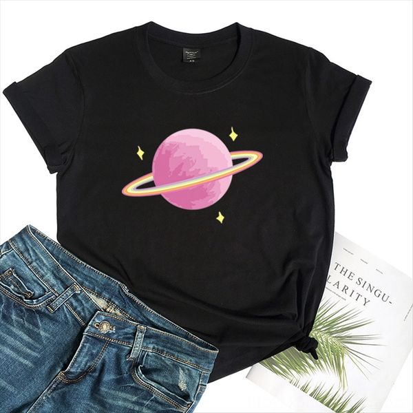 

women's cotton t-shirt pink planet printed cotton t-shirt style ladies blouse, White
