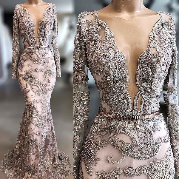 

embroidery lace mermaid evening dress long sleeves plunging neckline hand make beaded sheer vestido de noiva, White;black