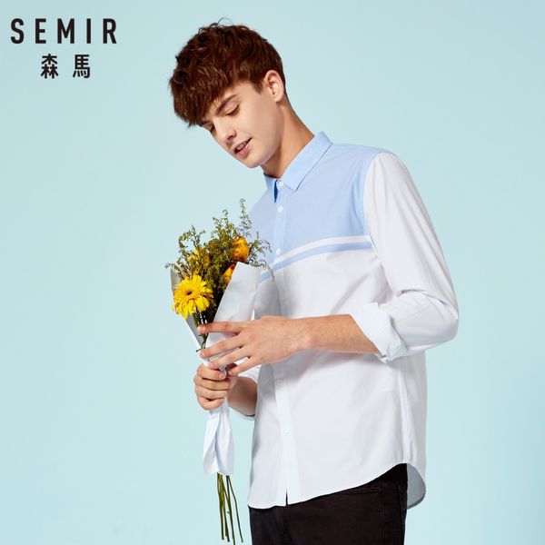 

semir men 100% cotton slim fit contrasting shirt with turn-down collar men's long-sleeved shirt with taperd waist button at cuff, White;black