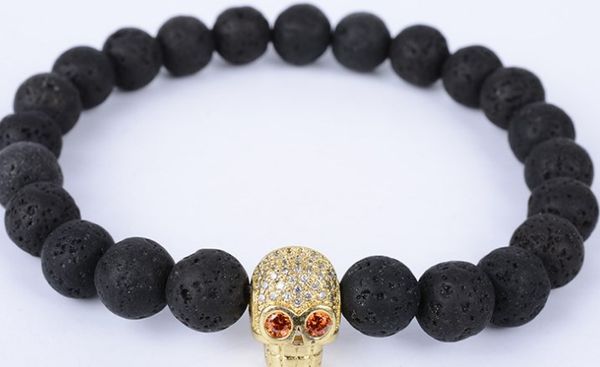 

8mm hh23 silver gold copper skull micro pave cz zircon cubic zirconia bracelet black volcanic lava stone buddha yoga bangles