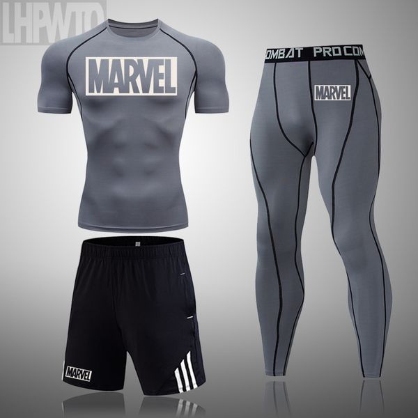 

marvel summer men sports set clothing male compression short sleeve t-shirt basketball stretch breathable men's running suit, Black;blue