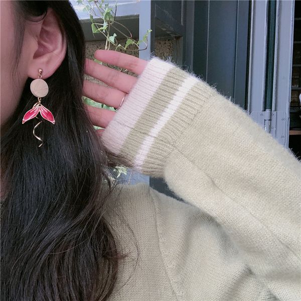 

women earrings set fashion flowers carved pattern red carp fish tail tassel pendant gold earring wedding party jewelry, Golden;silver