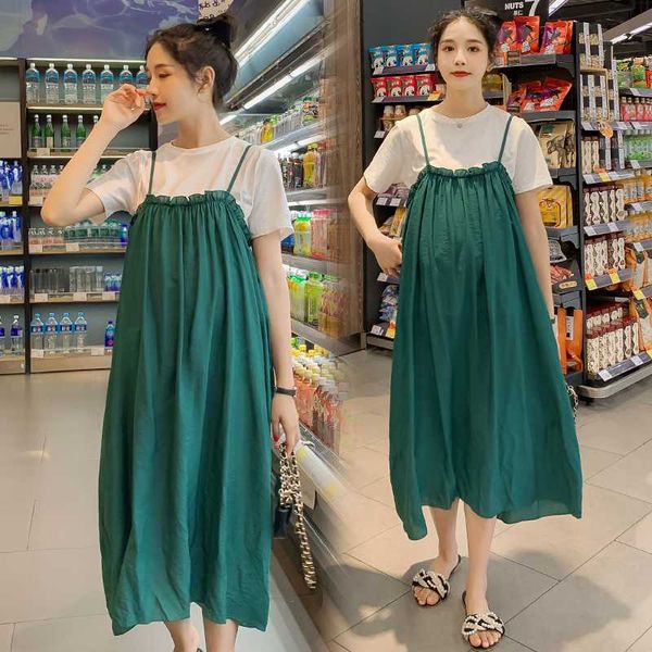 

807 # майка + платье одежда для беременных сыпучие стильная двухсекционный рукава платья короткие для беременных беременность одежда, White