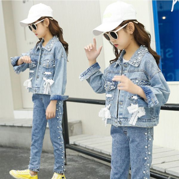 

new 2020 fashion spring autumn denim jacket for girls children outerwear casual beading outfits kids jacket clothes girls coats, Blue;gray