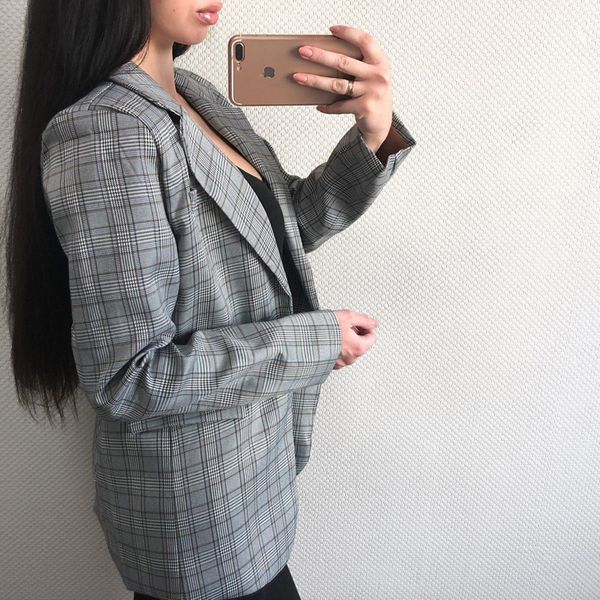 

bgteever work jacket women gray plaid office lady blazer jacket fashion notched collar elegant work blazers feminino, White;black