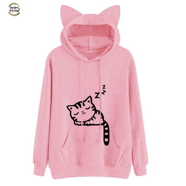 

women hoodies sweatshirt kawaii pink winter cat pattern long sleeve moletom hooded sweatshirts ear hooed mujer, Black