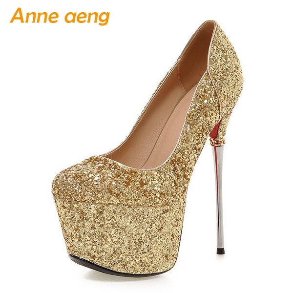 

2019 new spring women pumps 16cm high thin heel round toe ladies bling bridal wedding women platform shoes gold high heels, Black