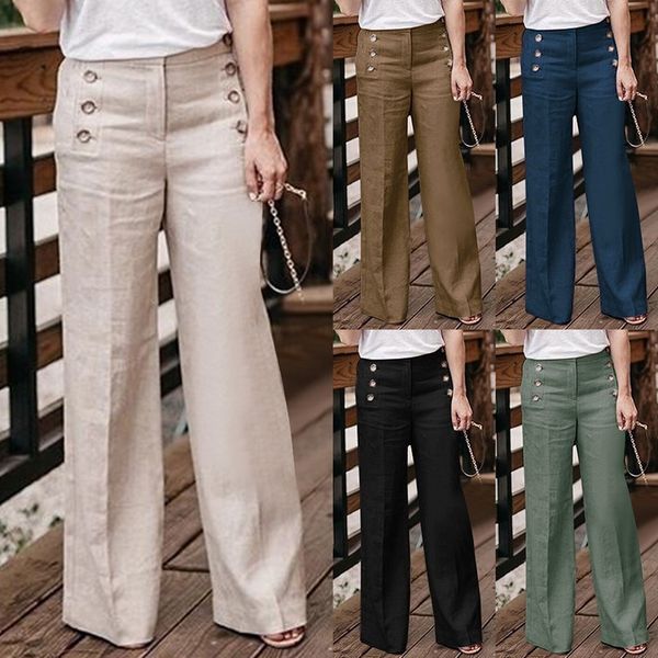 

new brand cotton linen wide leg trousers fashion women casual loose high waist pants female loose solid button pants outerwear, Black;white