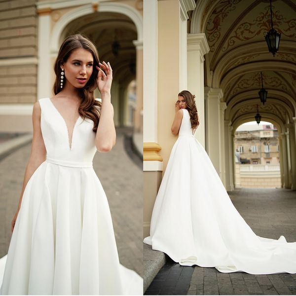 

modern a line tanya grig bohemian dresses v neck sleeveless satin sash ruched wedding gowns sweep train robe de mariÃ©e, White
