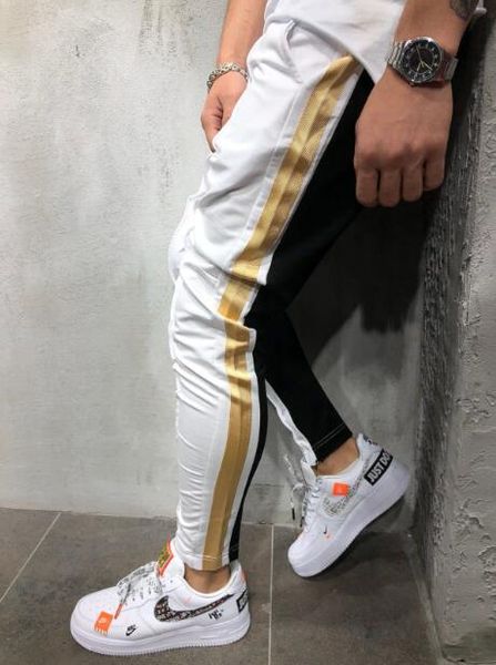 

men s designer pants muscle brothers color matching hip hop small feet men's tether casual sweatpants, Black