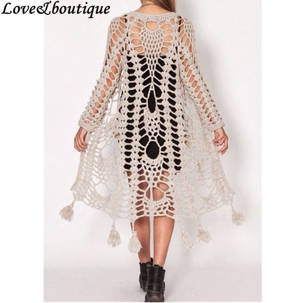 

fashion-- fall new women bohemian style crochet hollow-out tassel long sleeve long knitted cardigan sweater casual knitwear fringed blouse, White;black