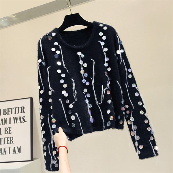

women sequined fringed knit sweater long-sleeved pullover autumn new loose korean sweaters black fashion tide sequins pull femme, White;black