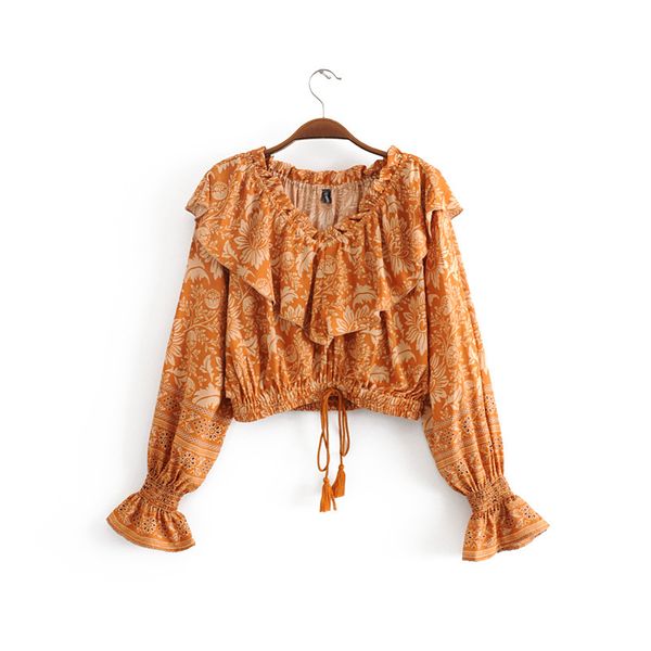 

New Women Summer Yellow Flower PRINT Long Sleeve V-neck Ruffles Design WOMEN Short BLOUSE ELEGANT LADY CLOTHES