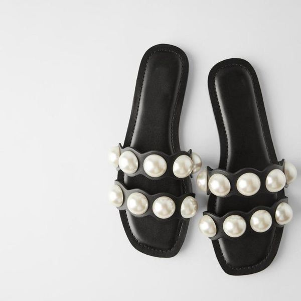 

summer flat black pearl cool slippers peep-toe sweet outside wear pearl sandals set foot black flat sandals women's shoes