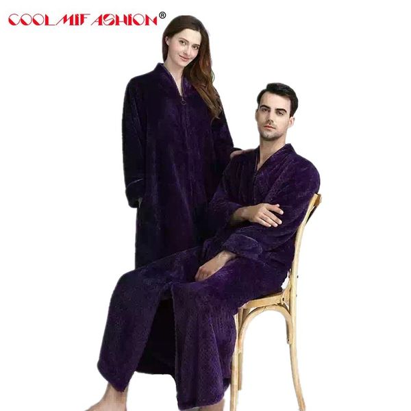 

couples long flannel robe women gown men oversize loose home clothing winter bathing robe thicker warm with zipper vintage, Black;red