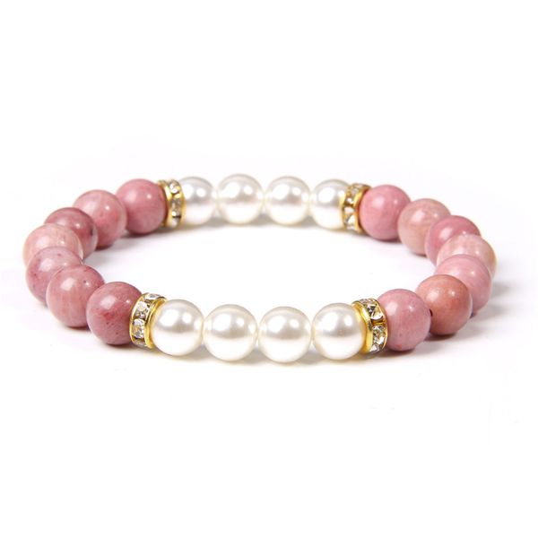 

beaded, strands white simulated pearl bracelets baroque simple natural rhodochrosite bangle elastic freshwater bracelet gift for women, Black