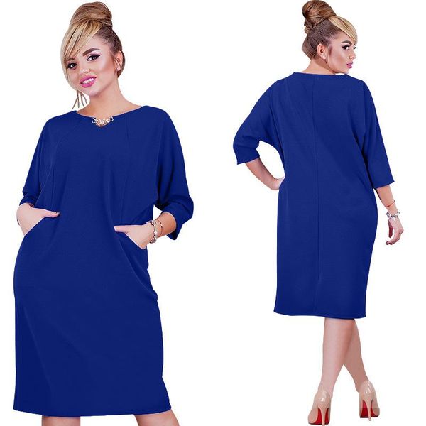 

new pattern europe station solid color fivepence sleeve dress easy temperament and the side s to 5xl