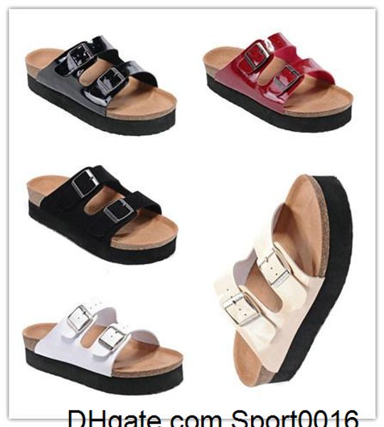 

2020 new famous brand arizona brik men flat heel cork slippers women genuine leather casual sandals with buckle summer beach thick bottom, Black