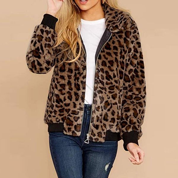 

2019 new female jacket autumn winter leopard jacket print fleece long sleeves cardigan zipper keep warm coat chaqueta mujer, Black;brown
