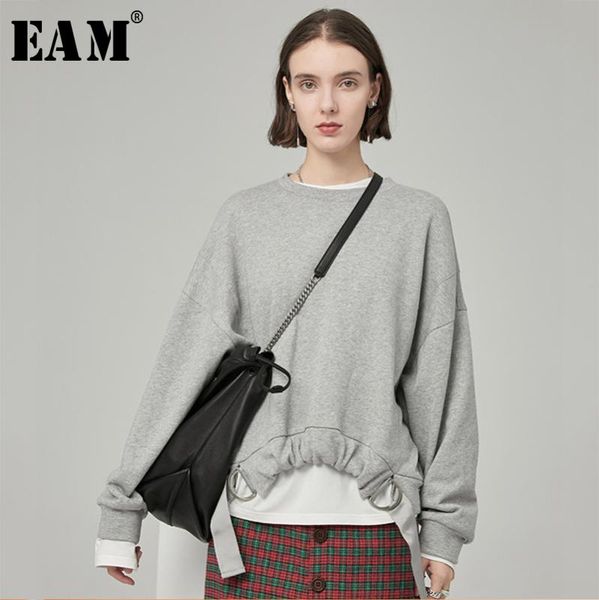 

eam] loose fit drawstring metal circle sweatshirt new round neck long sleeve women big size fashion spring autumn 2020 jz696, Black