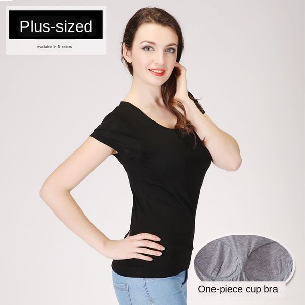 

pure color women's short-sleeved summer clothes plus fat plus loose t-shirt t-shirt cup chest pad integrated all-in-one clothes bra, White