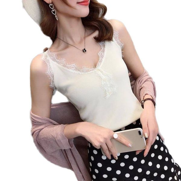 

2019 new summer women camisole bottoming female solid casual lace sling tank fashion knitting elasticity vest a24, Black;white