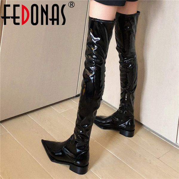 

fedonas fashion women genuine cow patent leather over the knee boots night club shoes woman 2020 autumn winter motorcycle boots, Black