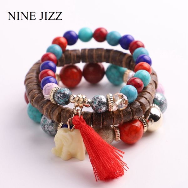 

ninejizz bohemian women bracelet beads bracelet bangles elephant pendant multi-layer bangle with tassel fashion jewelry 3pcs/lot, Black