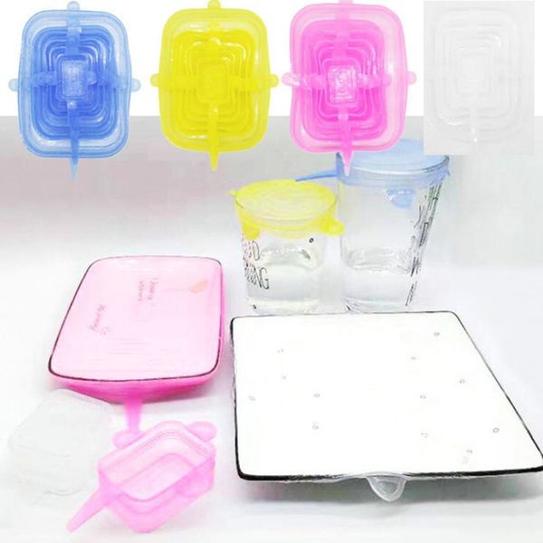 

6pcs/set fresh-keeping lids kit stretchable square silicone reusable bowl cup sealer covers fridge microwave oven safe