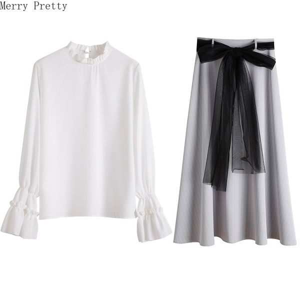 

womens two piece set flare sleeve stand collar ruffles blouse hight waist knee length pleated skirt a-line skirt with sashes, White
