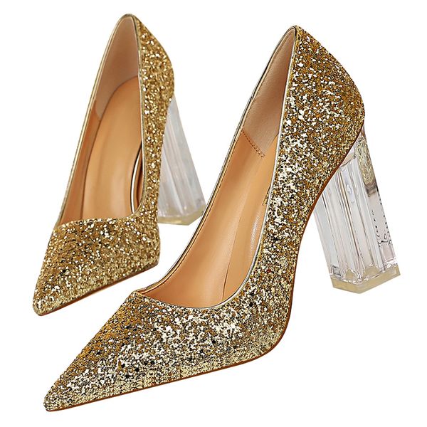 

2020 Plus Size 43 Women Block 10cm High Heels Lady Scarpins Gold Silver Block Heels Pumps Female Wedding Transparent Chunky Shoe