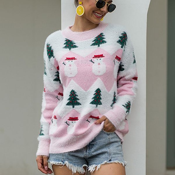 

2019 christmas women winter knitted wool sweater long sleeve o-neck print knitted pullover sweater knit pull femme, White;black