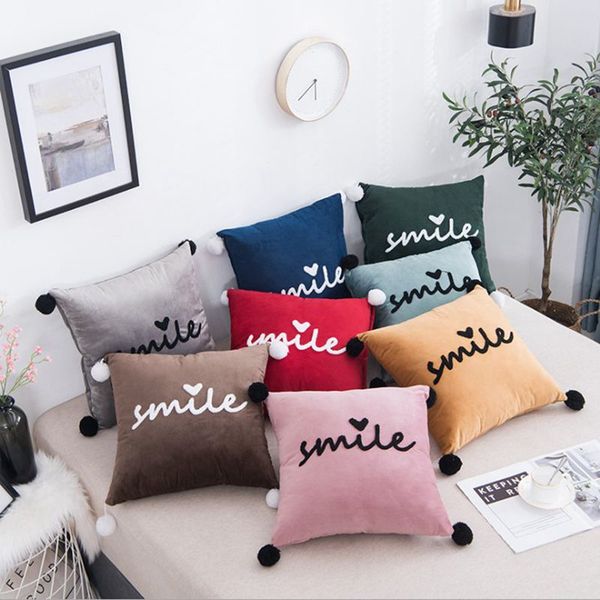 

embroidered smile cushion cover living room couch chaise throw pillow case velvet cojines pompon home decor