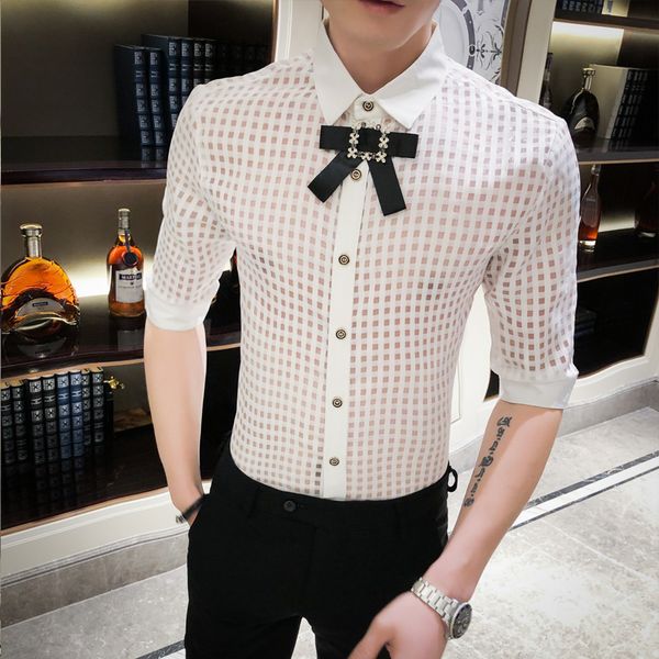 

men's casual shirts lace shirt dress men spring summer half sleeve mens slim fit streetwear hollow blouse homme 3xl, White;black