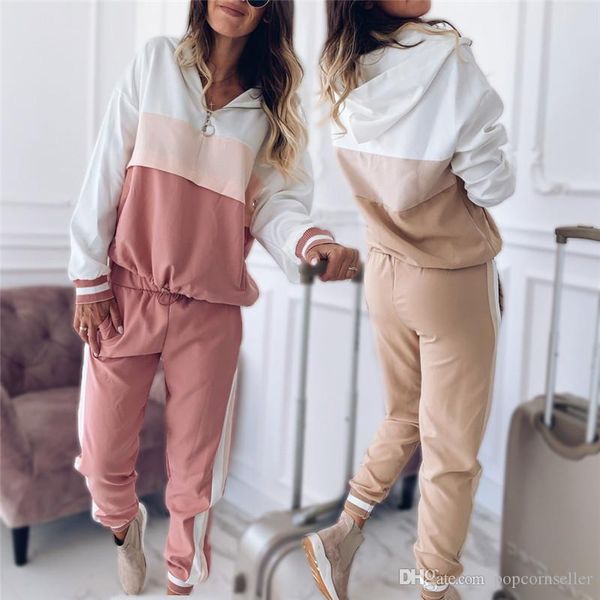 

autumn women designer tracksuits fashion casual panelled color zipper neck hooded tracksuits new arrival women two pice sets, Gray