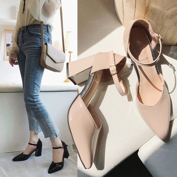 

klv women's fashion pointed toe square heels shoes ladies summer solid buckle strap high heels shoes sandals zapatos de mujer, Black