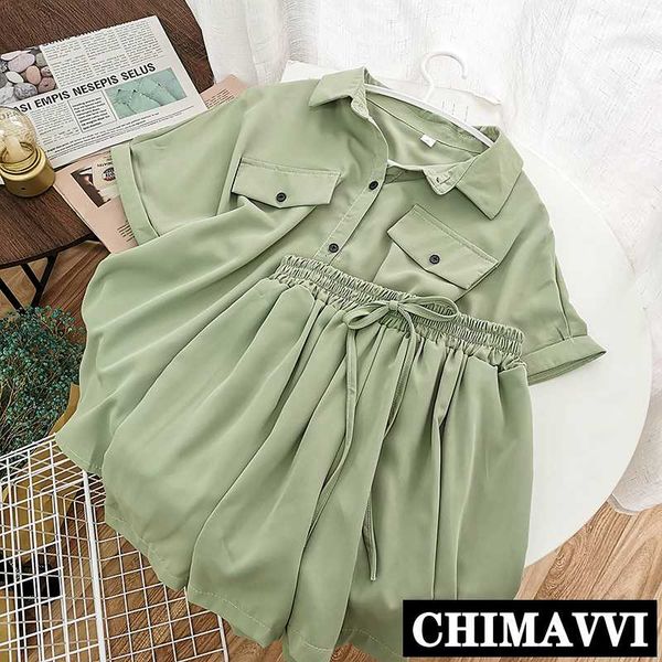 

new fashion summer women casual shorts set simple loose short sleeve chiffon shirt + short pants women's two-piece shorts set, White