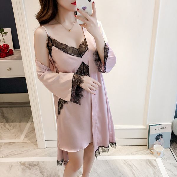 

mechcitiz female hollow out robe & gown sets silk women's sleepwear nightdress + bathrobes summer satin homewear set, Black;red