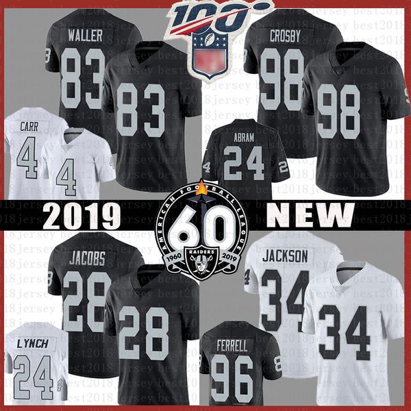

28 josh jacobs 83 darren waller jersey oakland 98 maxx crosby raider 34 bo jackson derek carr marshawn lynch johnathan abram clelin ferrell, Black;red