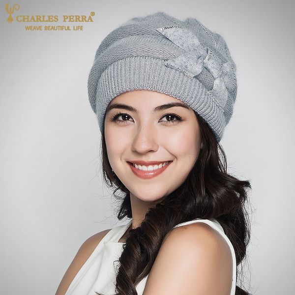 

charles perra women knitted hats winter thicken double layer elegant casual rabbit hair blend women's hat female beanies d304 mx191130, Blue;gray