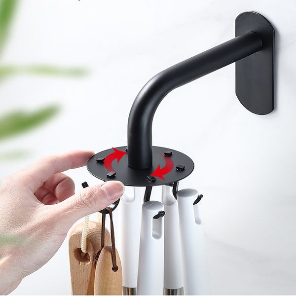 

360° rotation stainless steel hook wall-mounted kitchen cooking tools storage shelves with 6 hooks