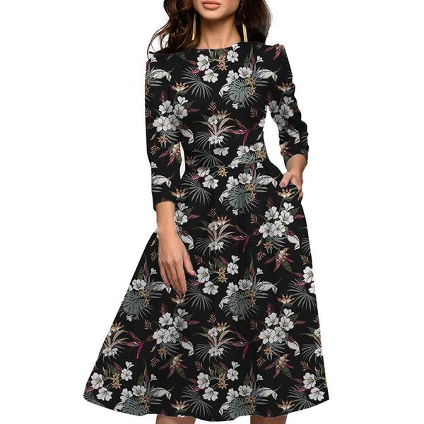 

цветочные юбки лето платья черных длинные юбки 2020 платья женщин с семью рукавов, Black;gray