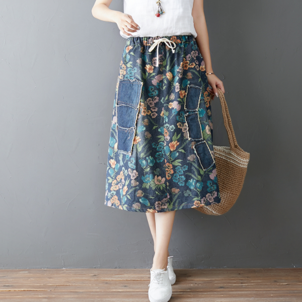 

patchwork print women denim skirt long 2019 summer streetwear elastic waist ethnic saia femme retro jean a-line skirts aq976, Black