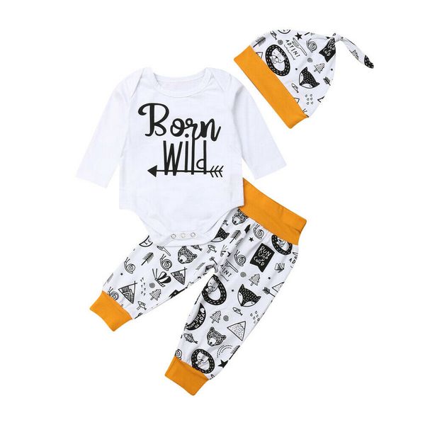 

0-18m autumn newborn baby boy clothes long sleeve wild romper+animal print pants hat outfit fall set clothing, White