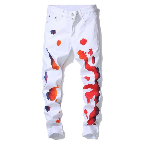 

mens new designer jeans pants white floral print button zipper pocket homme clothing amierican fashion style hip hop casual apparel, Blue